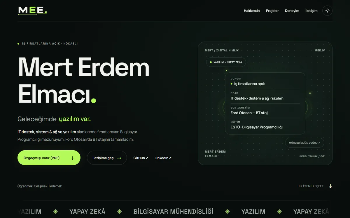 Bu sitenin ana sayfası: koyu tema, MEE logosu, Mert Erdem Elmacı başlığı ve bir bakışta kartı